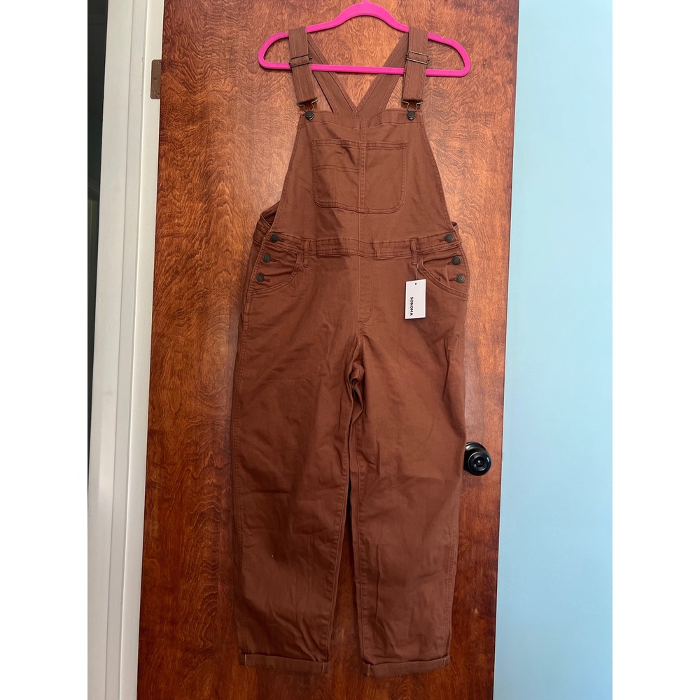 NEW Sonoma Overalls Women Large Brown Cotton Blend Straight Leg Bib Dungarees